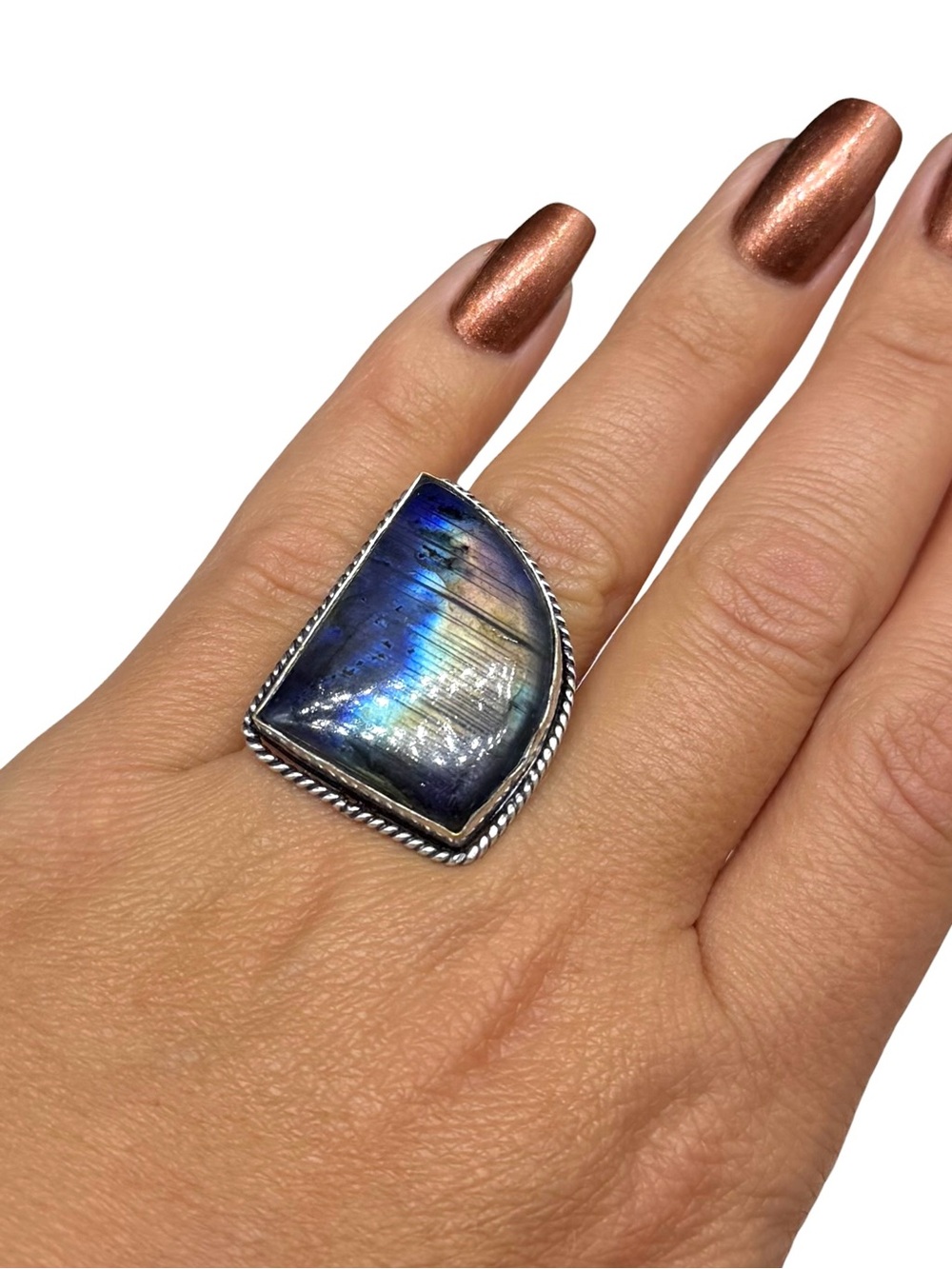 Labradorite Ring Size 7.5 925 Sterling Silver Overlay